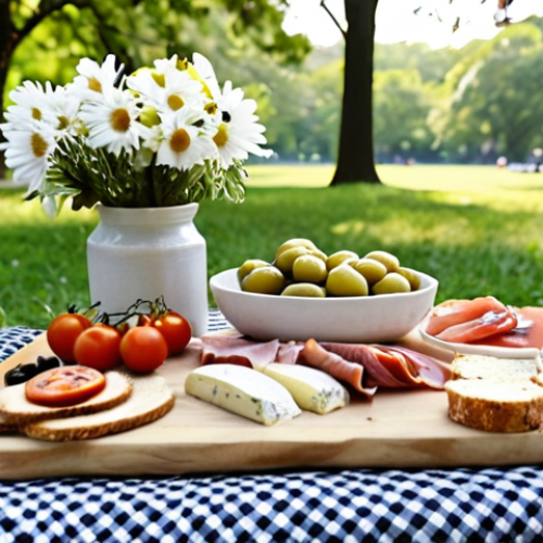 **Prompt:** A gourmet picnic spread on a checkered blanket in Central Park, New York City. Charcuterie board with artisanal cheeses, prosciutto, figs, olives, and crusty bread. Caprese sandwiches with fresh mozzarella and ripe tomatoes. Mini cheesecakes and lemon bars for dessert. Fresh flowers in a vase, string lights hanging from nearby trees, creating a cozy atmosphere. Soft, natural lighting, focus on the food and picnic details.
