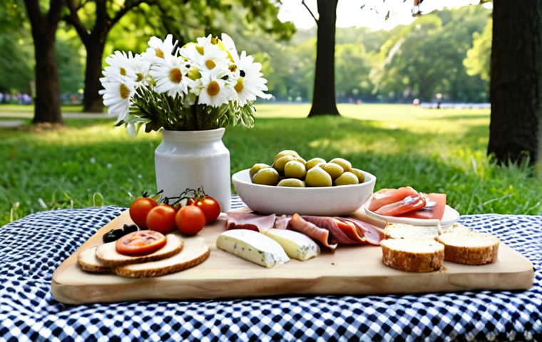 **Prompt:** A gourmet picnic spread on a checkered blanket in Central Park, New York City. Charcuterie board with artisanal cheeses, prosciutto, figs, olives, and crusty bread. Caprese sandwiches with fresh mozzarella and ripe tomatoes. Mini cheesecakes and lemon bars for dessert. Fresh flowers in a vase, string lights hanging from nearby trees, creating a cozy atmosphere. Soft, natural lighting, focus on the food and picnic details.