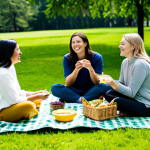 A diverse group of friends, fully clothed in modest, comfortable attire, enjoying a relaxed picnic on a sunny day in a lush green park. They are seated on a thick, oversized plush picnic blanket with a waterproof backing, with some using low-profile foldable cushions for added comfort. An insulated picnic backpack and sectioned, leak-proof containers are neatly arranged with a variety of snacks. The scene is bright and cheerful, with natural lighting. Perfect anatomy, correct proportions, natural pose, well-formed hands, proper finger count, natural body proportions. Safe for work, appropriate content, fully clothed, modest, family-friendly.