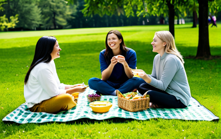 A diverse group of friends, fully clothed in modest, comfortable attire, enjoying a relaxed picnic on a sunny day in a lush green park. They are seated on a thick, oversized plush picnic blanket with a waterproof backing, with some using low-profile foldable cushions for added comfort. An insulated picnic backpack and sectioned, leak-proof containers are neatly arranged with a variety of snacks. The scene is bright and cheerful, with natural lighting. Perfect anatomy, correct proportions, natural pose, well-formed hands, proper finger count, natural body proportions. Safe for work, appropriate content, fully clothed, modest, family-friendly.