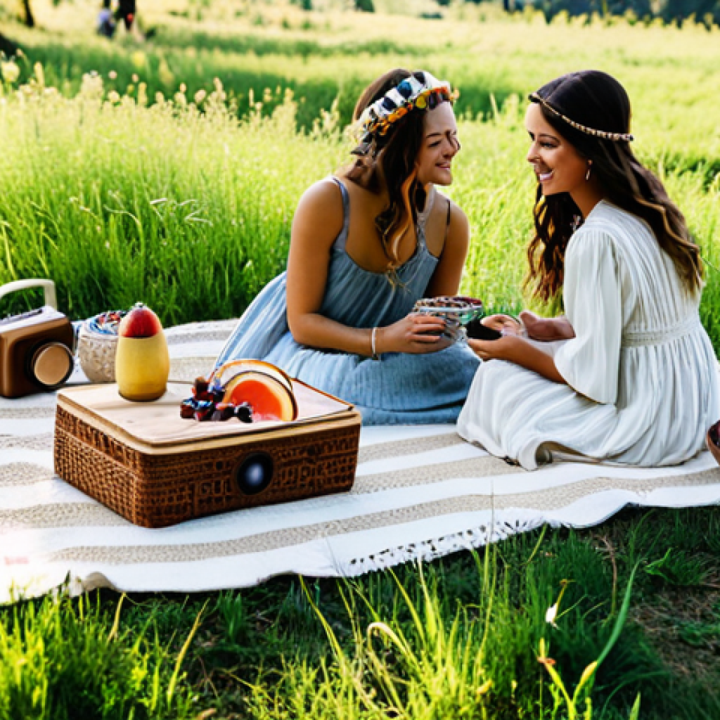**

"A "Boho Chic" themed picnic setup in a sun-dappled meadow, featuring macrame decorations, woven blankets, artisanal cheeses, fruits, and nuts artfully arranged. A portable Bluetooth speaker subtly visible in the background. People are fully clothed in flowy dresses and bohemian-inspired accessories, enjoying the picnic. safe for work, appropriate content, fully clothed, professional photography, natural proportions, perfect anatomy, family-friendly."

**