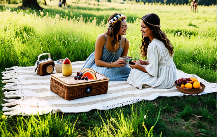 **

"A "Boho Chic" themed picnic setup in a sun-dappled meadow, featuring macrame decorations, woven blankets, artisanal cheeses, fruits, and nuts artfully arranged. A portable Bluetooth speaker subtly visible in the background. People are fully clothed in flowy dresses and bohemian-inspired accessories, enjoying the picnic. safe for work, appropriate content, fully clothed, professional photography, natural proportions, perfect anatomy, family-friendly."

**