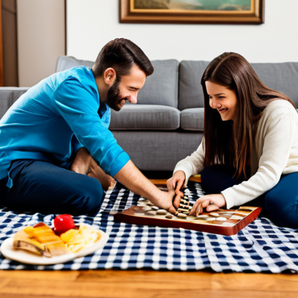 **Indoor Picnic Scene:** "A family enjoying a picnic indoors, living room setting transformed with a checkered blanket, board games scattered around, fully clothed, modest attire, safe for work, appropriate content, perfect anatomy, natural proportions, cozy atmosphere, soft lighting, family-friendly, professional photography."
