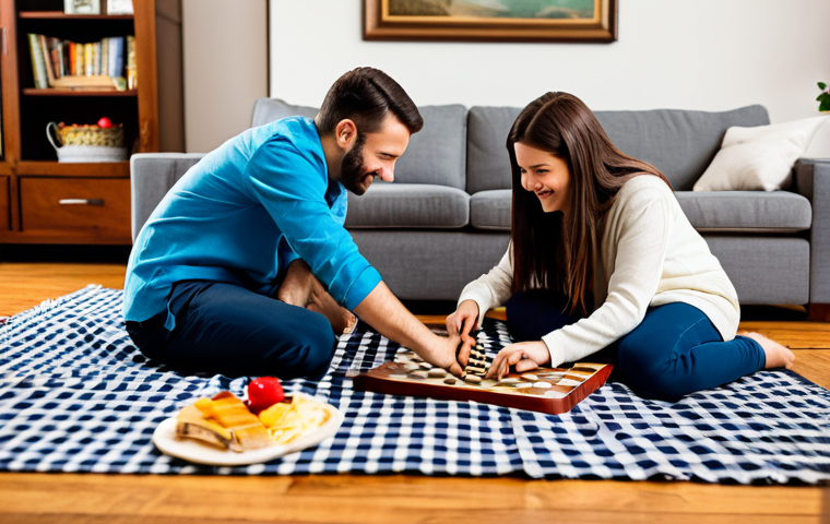 **Indoor Picnic Scene:** "A family enjoying a picnic indoors, living room setting transformed with a checkered blanket, board games scattered around, fully clothed, modest attire, safe for work, appropriate content, perfect anatomy, natural proportions, cozy atmosphere, soft lighting, family-friendly, professional photography."