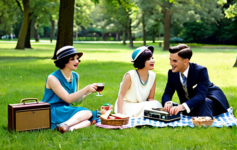 이색피크닉 피크닉 하우스 - Roaring Twenties Picnic**

"A group of friends having a picnic in a park, dressed in 1920s flapper d...
