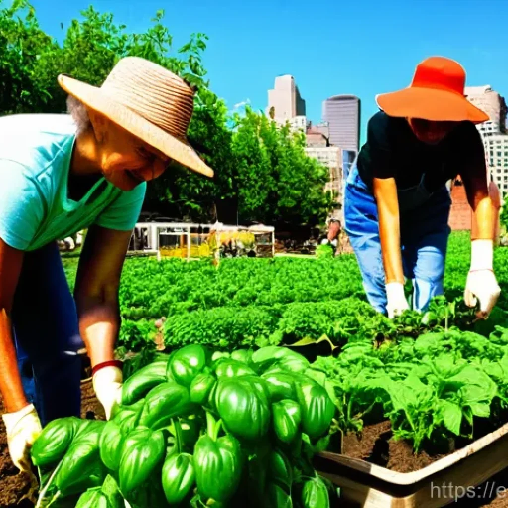 이색피크닉 도시농업 체험 - A vibrant community garden thrives in an urban setting, bustling with diverse individuals of all age...