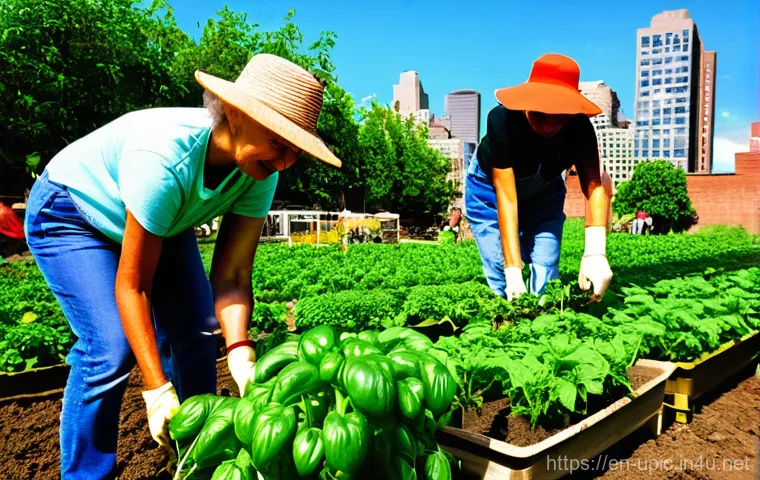 이색피크닉 도시농업 체험 - A vibrant community garden thrives in an urban setting, bustling with diverse individuals of all age...