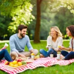 이색피크닉 돗자리 선택 - **Prompt:** A cozy and inviting picnic scene in a sun-drenched park on a gentle slope. A diverse gro...