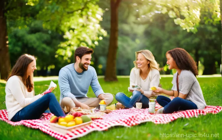 이색피크닉 돗자리 선택 - **Prompt:** A cozy and inviting picnic scene in a sun-drenched park on a gentle slope. A diverse gro...