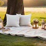 이색피크닉 꽃놀이 - **Enchanted Golden Hour Picnic with Boho Charm:** A group of friends, casually and stylishly dressed...