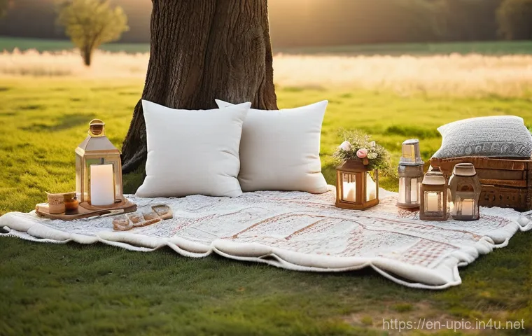 이색피크닉 꽃놀이 - **Enchanted Golden Hour Picnic with Boho Charm:** A group of friends, casually and stylishly dressed...