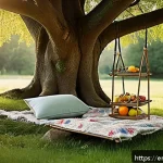 이색피크닉 나무 그늘에서의 휴식 - A cozy picnic nook beneath a large oak tree with low-hanging branches forming a natural canopy, feat...