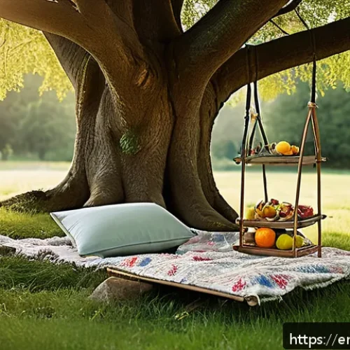 이색피크닉 나무 그늘에서의 휴식 - A cozy picnic nook beneath a large oak tree with low-hanging branches forming a natural canopy, feat...