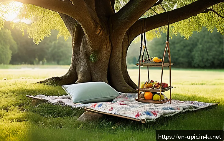 이색피크닉 나무 그늘에서의 휴식 - A cozy picnic nook beneath a large oak tree with low-hanging branches forming a natural canopy, feat...