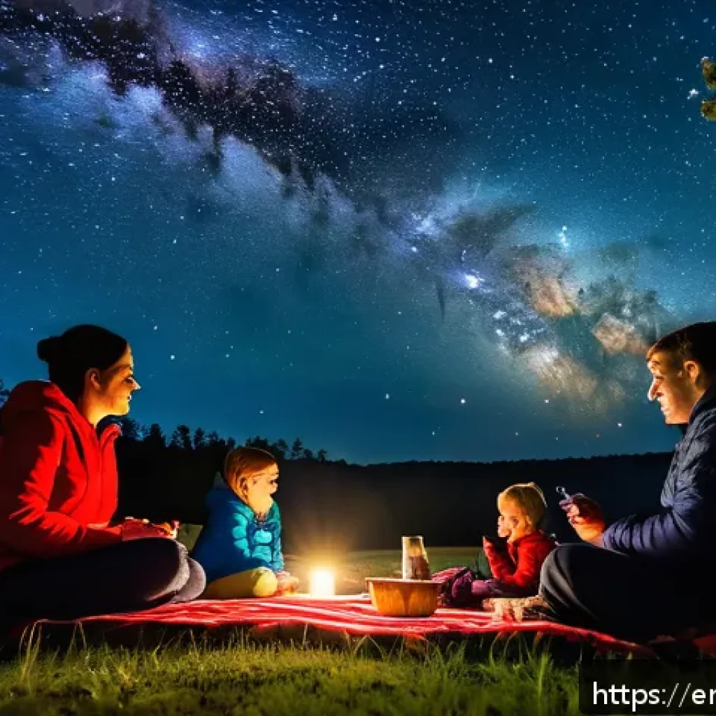이색피크닉 밤하늘 관찰하기 - A serene night sky picnic scene at Cherry Springs State Park, Pennsylvania, featuring a family and f...