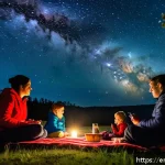 이색피크닉 밤하늘 관찰하기 - A serene night sky picnic scene at Cherry Springs State Park, Pennsylvania, featuring a family and f...
