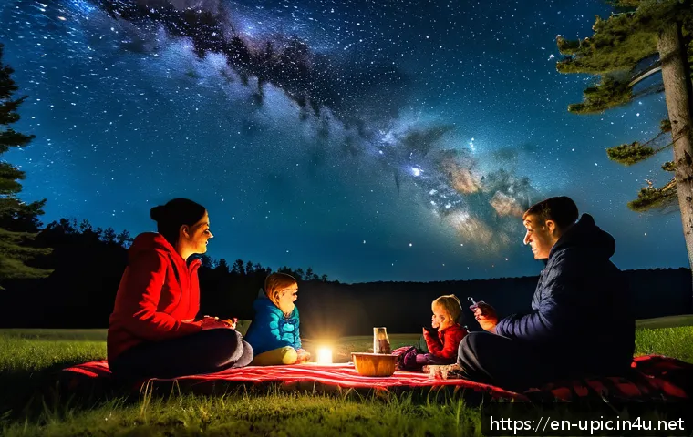 이색피크닉 밤하늘 관찰하기 - A serene night sky picnic scene at Cherry Springs State Park, Pennsylvania, featuring a family and f...