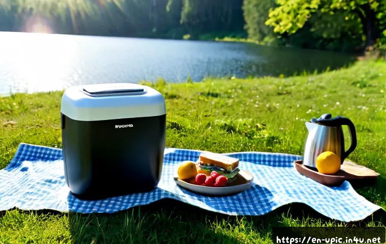 이색피크닉 필수 휴대용 가전 - Photorealistic sunny meadow picnic beside a calm lake, a compact electric cooler, portable espresso ...