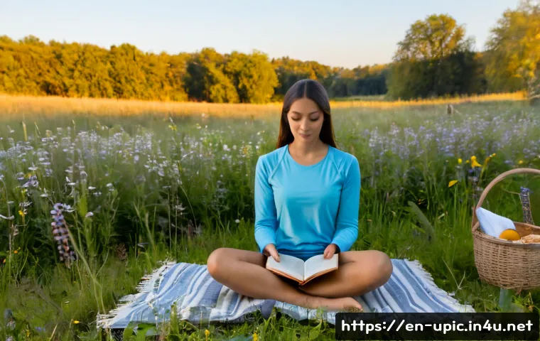 이색피크닉 조용한 장소에서의 명상 - Photorealistic serene picnic meditation scene in a quiet wildflower meadow at sunrise, an adult woma...